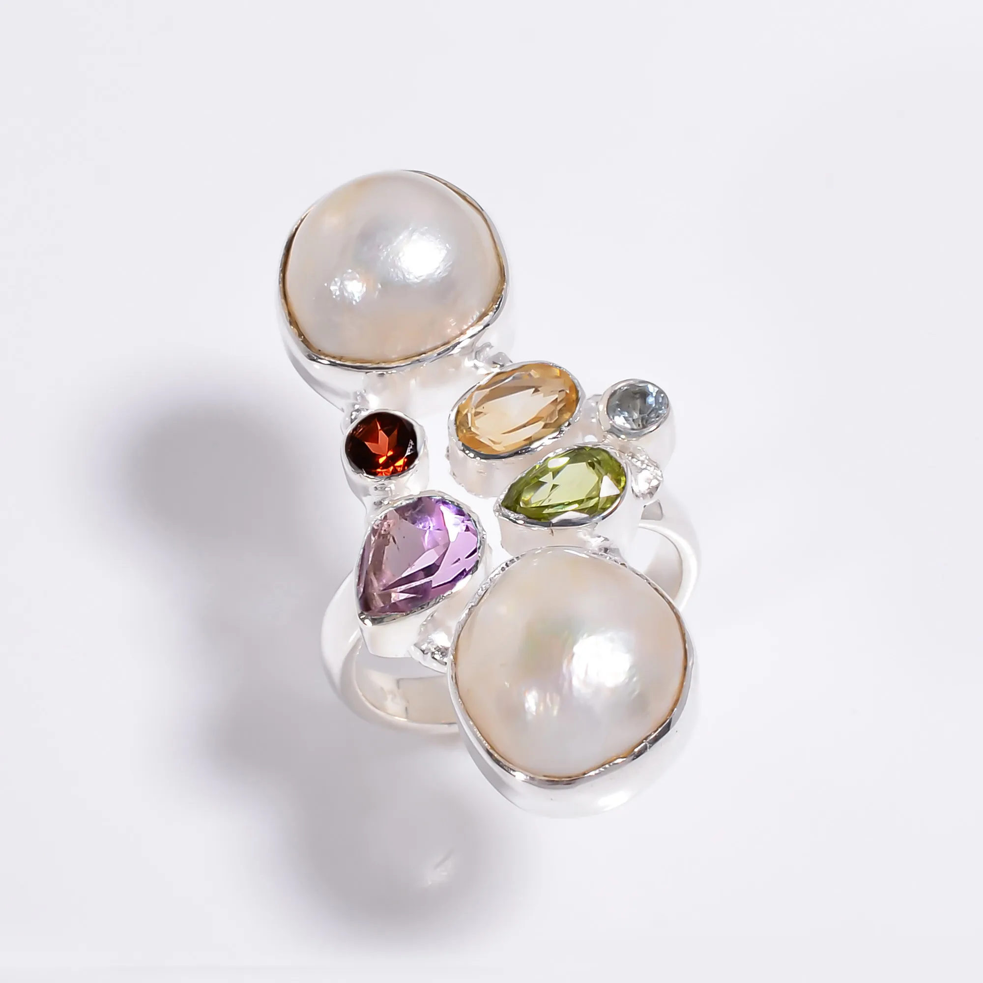 925 Sterling Silver Ring Size US 9 Baroque Pearl Multi Cut Gemstone, Silver Gemstone Jewelry, Fine Silver Jewelry Exporter