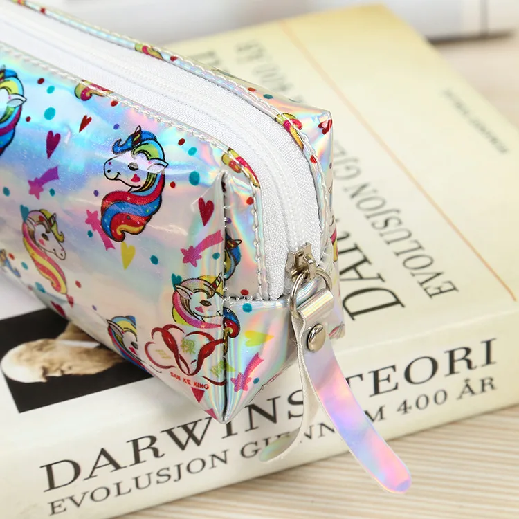 Cute Mermaid Holographic Pencil Case for Kids Waterproof Unicorn Laser Leather Zipper Pen Pencil Case Bag for Gift