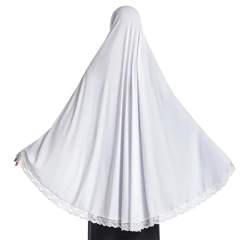 Muslim White Over Head Scarfs Caps Milk Silk Prayer Tops Dress Long Hijab Lace Edge Overarm Lace Hem Khimar