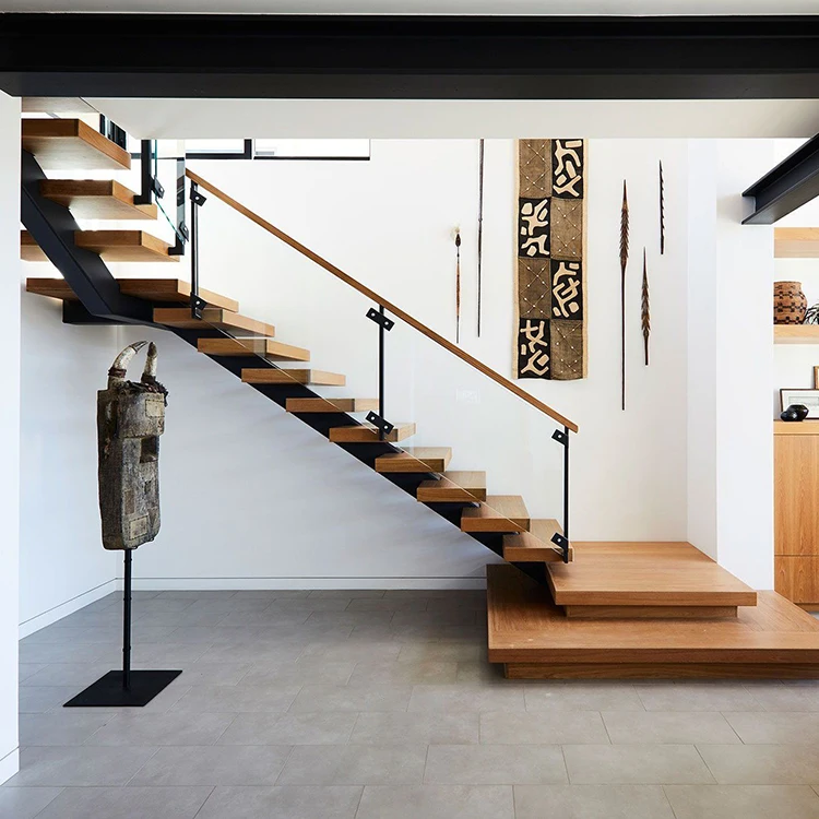 Factory Direct Second Floor Metal Railing Mono Stringer Staircase Handrail Solid Wood Tread Step Lights Indoor Stair