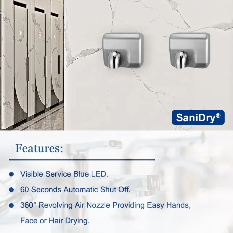 High Efficient Stainless Steel 360 Air Revolving Nozzle Electric Automatic Hand Dryer For Public Toilet