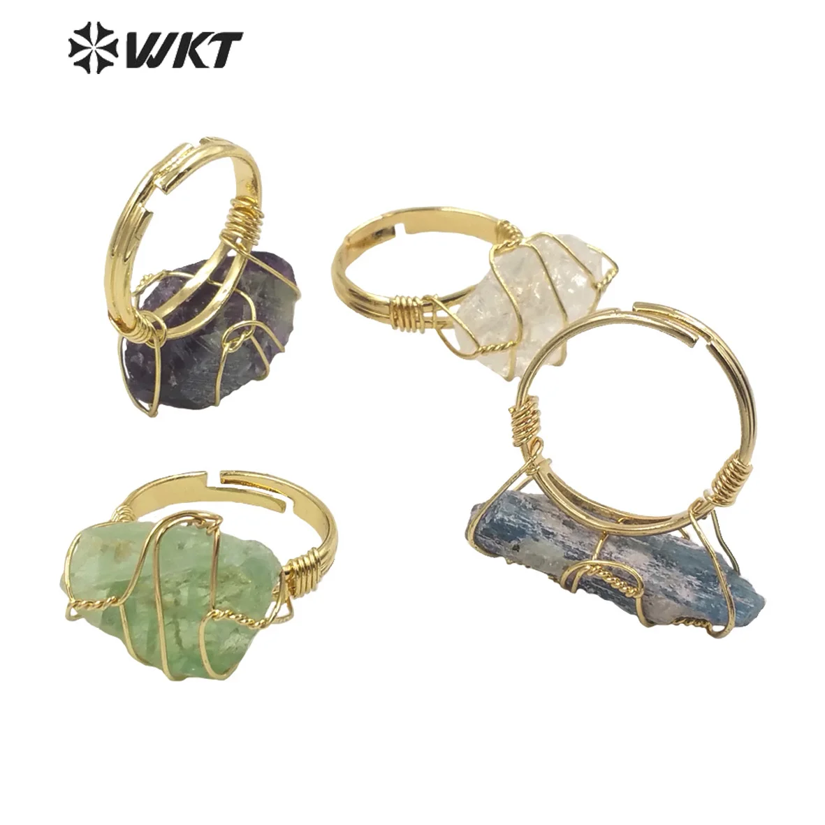 WT-R374 Wholesale Fashion Handmade Wire Wrapped Raw Stone Ring Women Gold vintage Boho Blue Kyanite Fluorite Ring