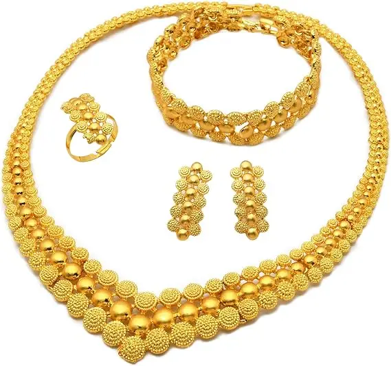 Bridal Indian Set 2024 24K Gold Dubai Wedding Rings Jewelry Gold Jewelry Necklace 24K Dubai Gold Jewelry 24K