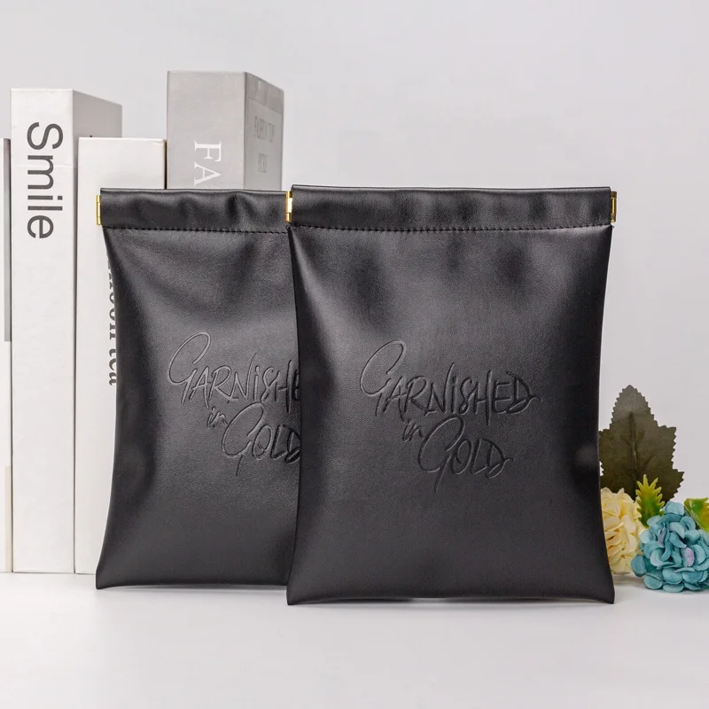 Durable Black Pu Leather Cosmetic Jewelry Bag Portable Travel Cosmetic Toiletry Pouch with Magnet Metal Leather Small Bag Makeup