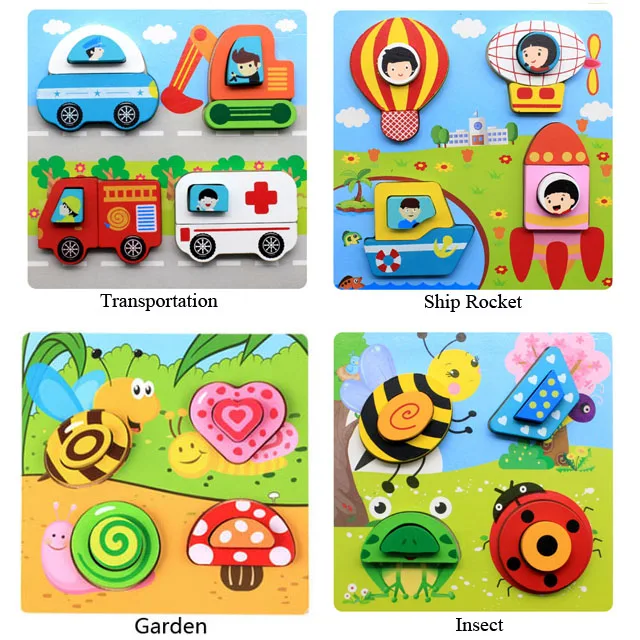 4 Designs Jigsaw Puzzle Cartoon Animation Kids 3D Wooden Puzzles Toys