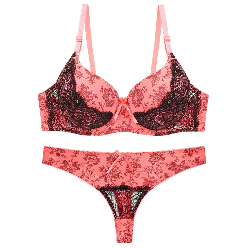 
Factory Direct Sales Womens Sexy Mature Floral Printed Gathered Lace Bra And Panties Sets 