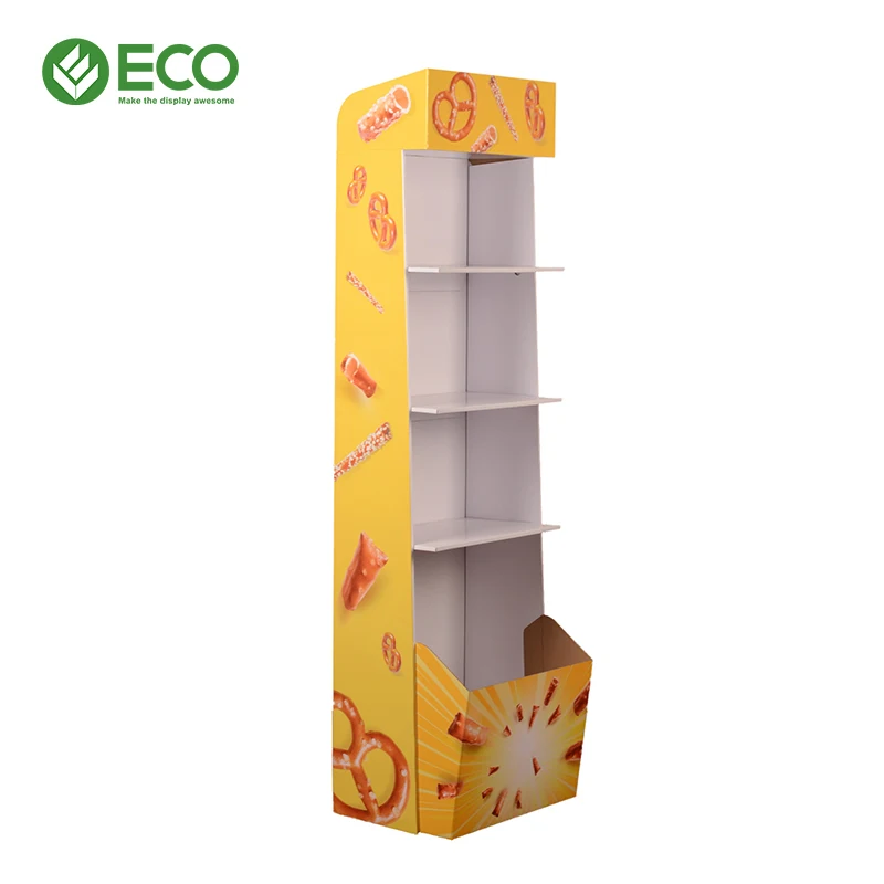 Custom Supermarket Portable Pos Paper Food Pop Cardboard Sweet Snack Floor Display Stand For Snacks Potato Chip
