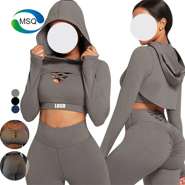 Custom Logo Activewear Long Sleeve Crop Top Scrunch Leggings 3 Piece Sports Bra Training Wear Yoga Outfits Gym Fitness Sets