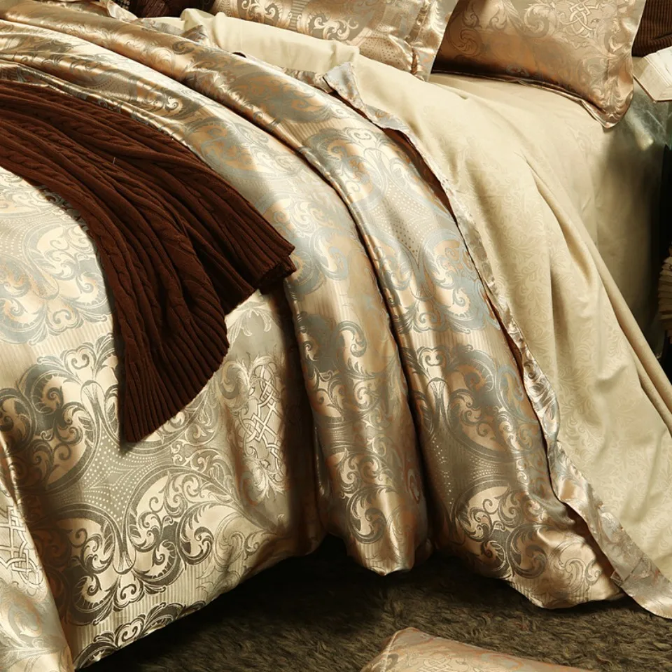 European Style  Custom Jacquard Navy Blue Satin Wedding Bedding Sets For Hotel