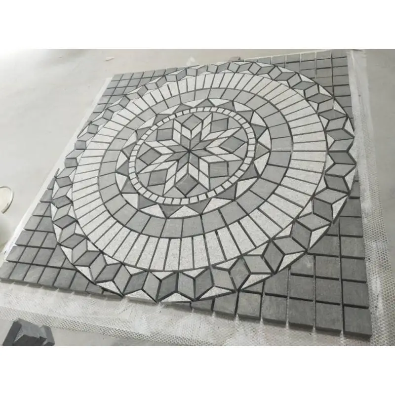 SHIHUI Outdoor Natural Stone Mixed Granite Square Art Pattern Square Medallion Paving Stone Mesh Cobblestone for Plaza