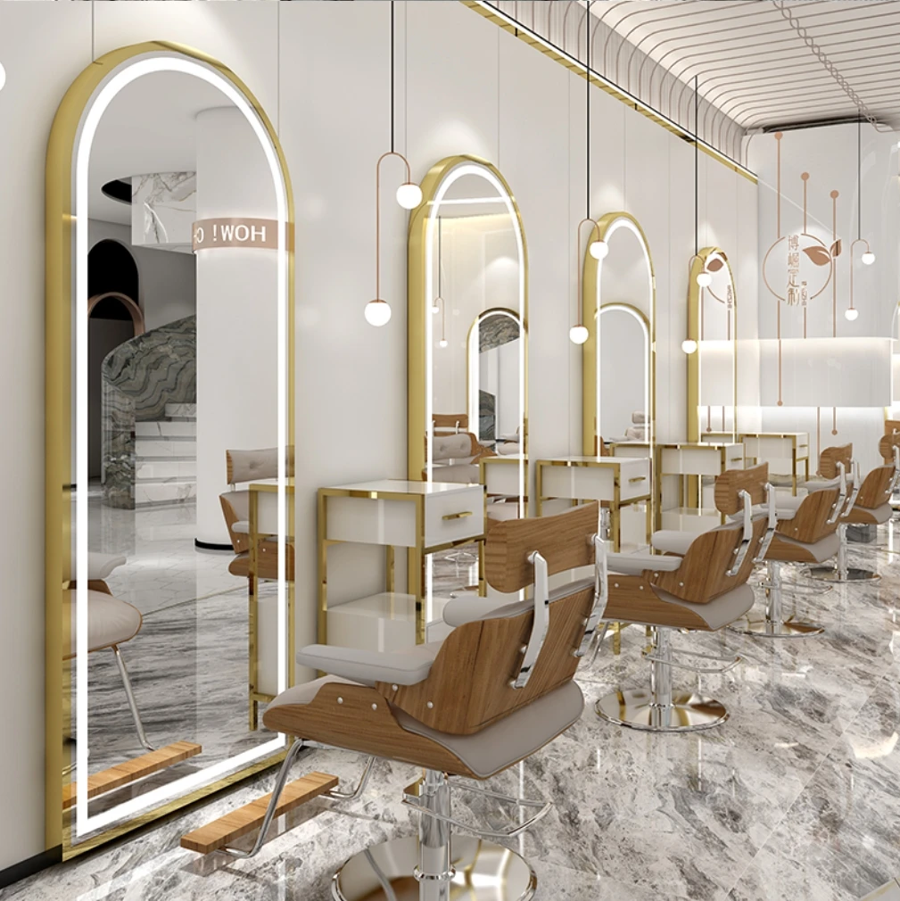 New Arrival Large Full Length Gold Barber Salon Furniture Wall Mounted Hairdressing Makeup Led Beauty Salon Mirror