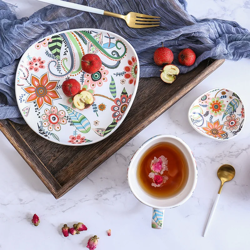 Ceramic Salad Plates with Handle Colorful Floral Pattern Serving Porcelain Dinner Plates for Desserts Sandwiches Dishes