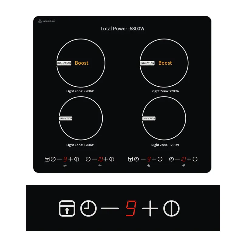 Hot Sales 6800W Five minutes Boost function black color built-in 4 burner design induction cooker