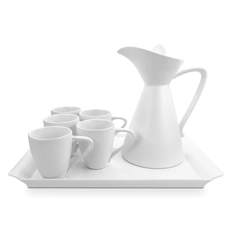 High quality White coffee tea sets with teapot cheap ceramic teapot with serving tray and 6 cups