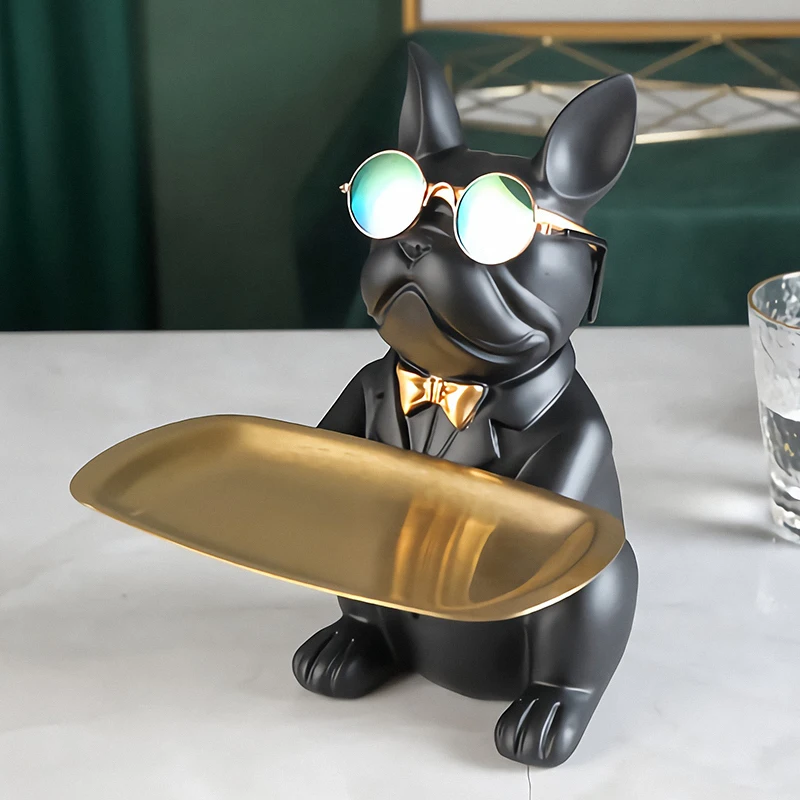 O&M Black Dog Butler Statue Resin French Bulldog Figurine Decoration Key Tray Bulldog Storage Tray
