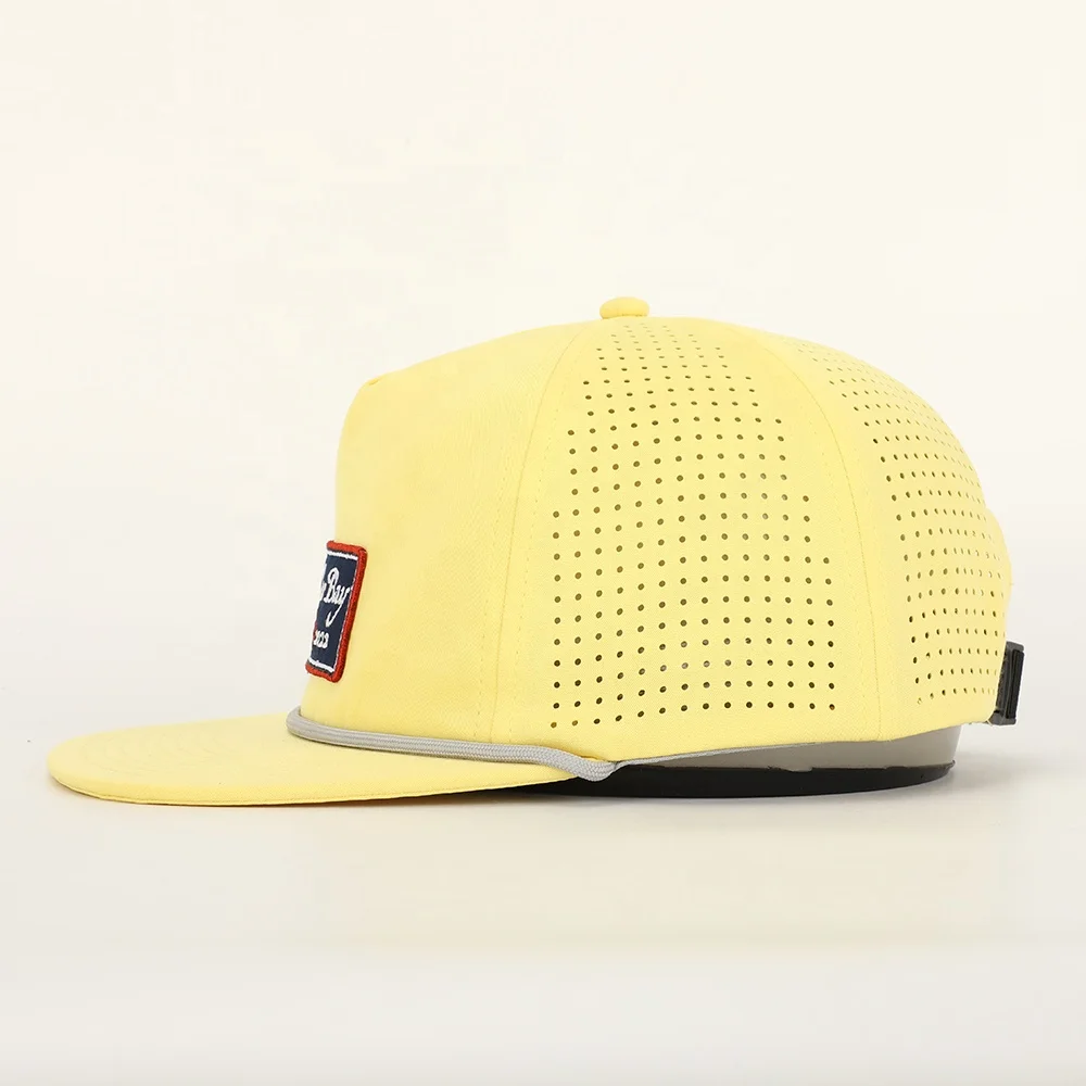 Wholesale Custom Patch Logo 5 Panel Polyester Rope Snapback Cap,Flat Brim Unstructured Gorras,Laser Cut Hole Perforated Hat
