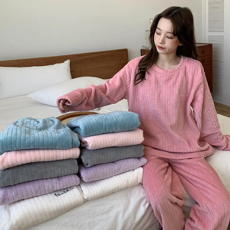 Autumn Winter Coral Hoodie Pajamas Long Sleeve Home Clothes Thickened Woman Night Sexy Sleepwear Ladies Fairy Warm Suit Pants