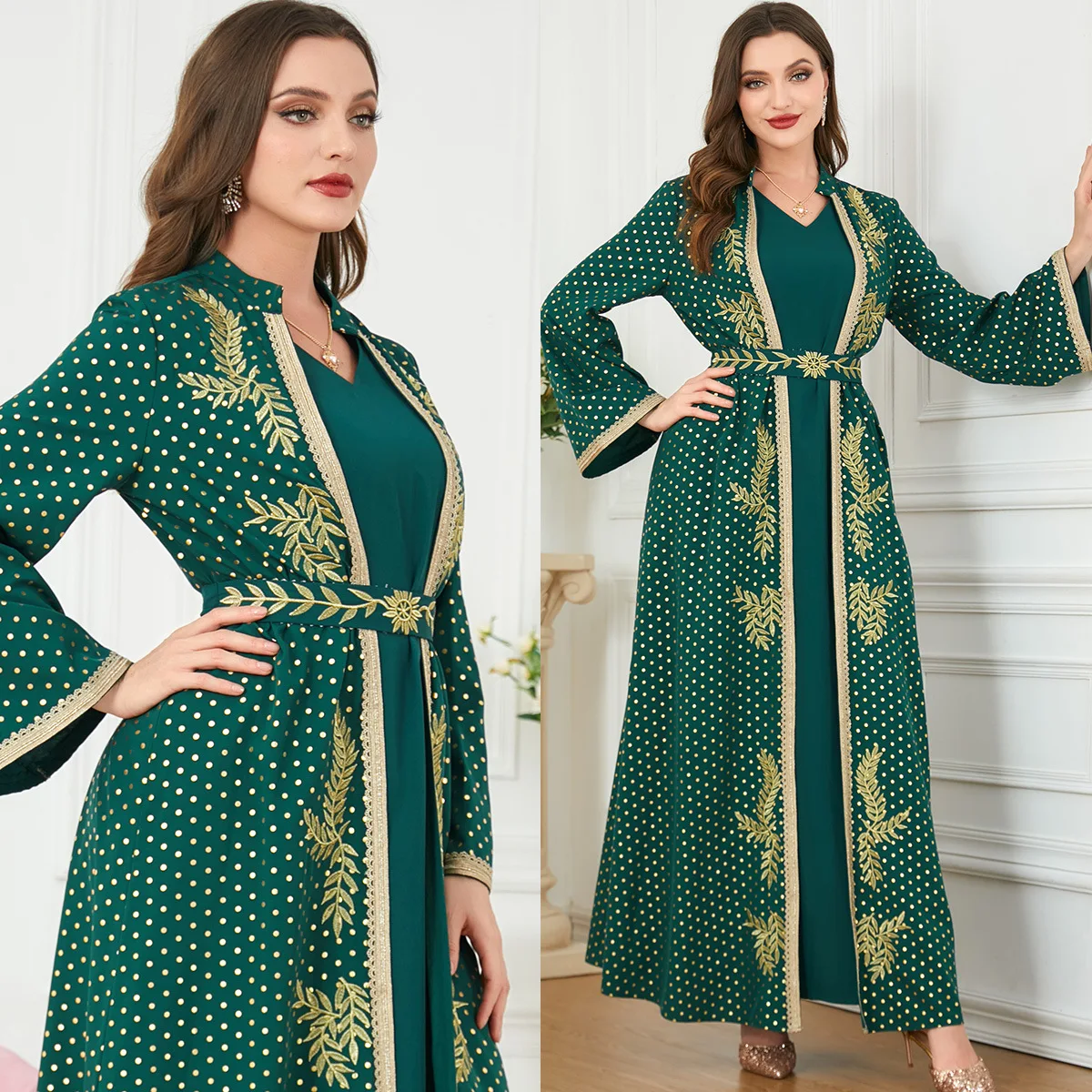 2 piece Green caftan marocain women abaya Muslim dresses wholesale morocco kaftans wholesale India Abaya Sets dress