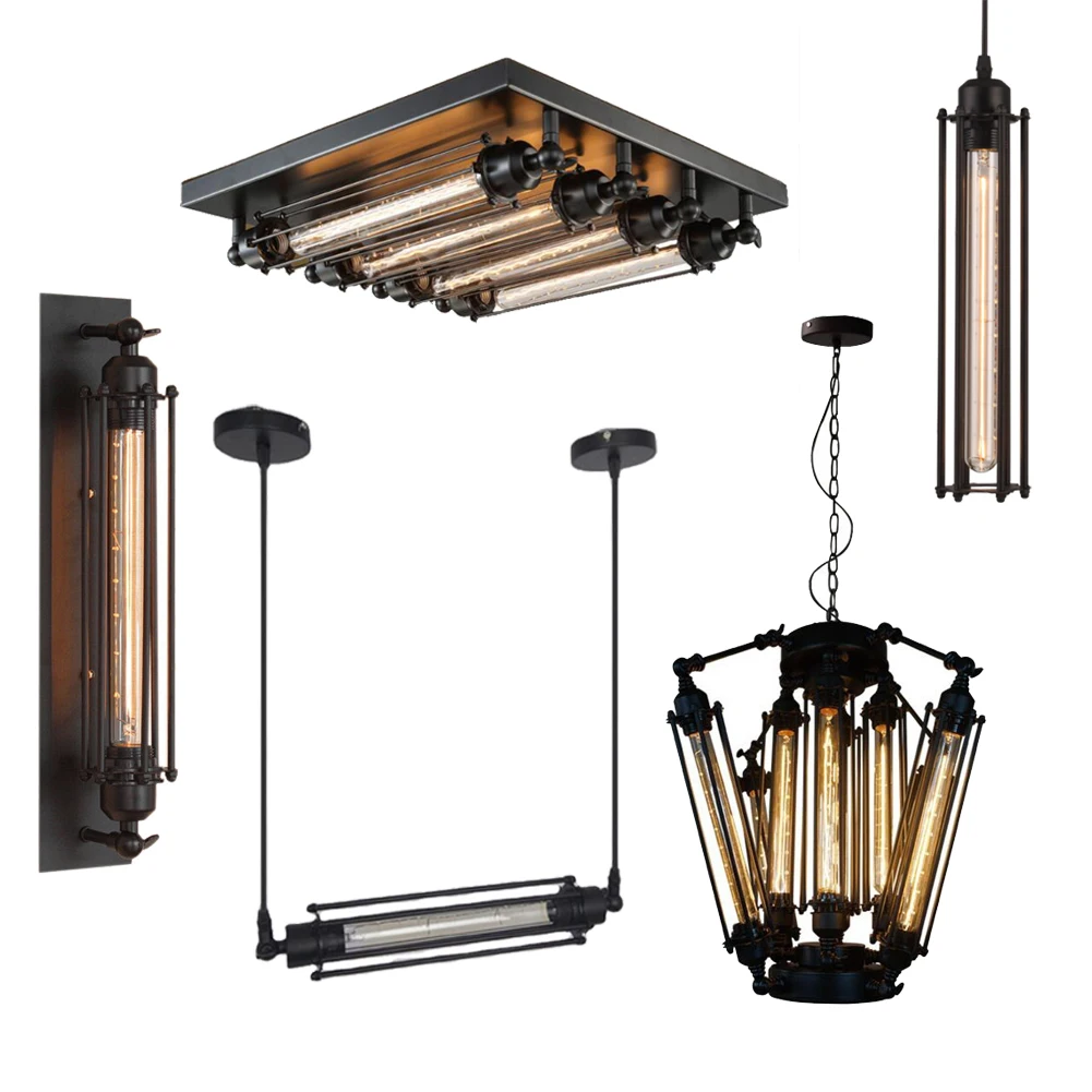 Black metal American wrought iron industrial chandelier living room hotel coffee shop cage hanging ceiling loft pendant light