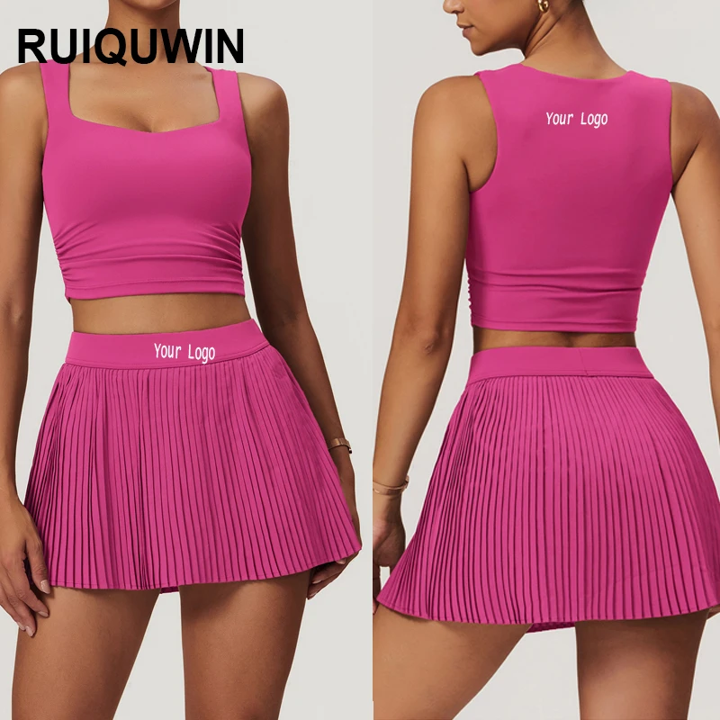 RUIQUWIN New Fashion Gym Outfit Set For Women Tennis Skirt Quick Drying Two Piece Set Soft Breathable Workout Running Suit