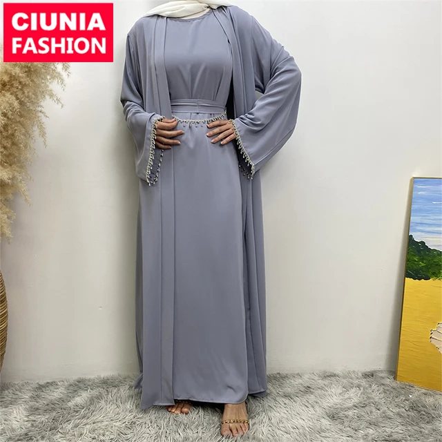 2006+6595# Elegant Muslim Women Dress Eid Diamond Abaya with Sleeveless Inner Two Pieces One Set