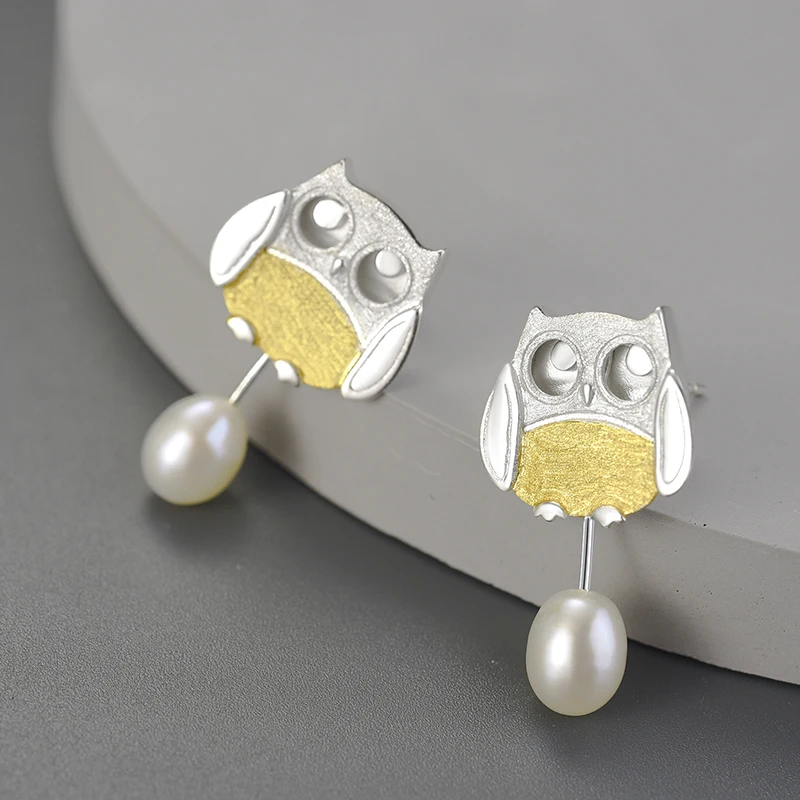 Lotus Fun Handmade peal stud earrings set 925 sterling silver with 18k gold Agile Owl animal design fine jewelry for women