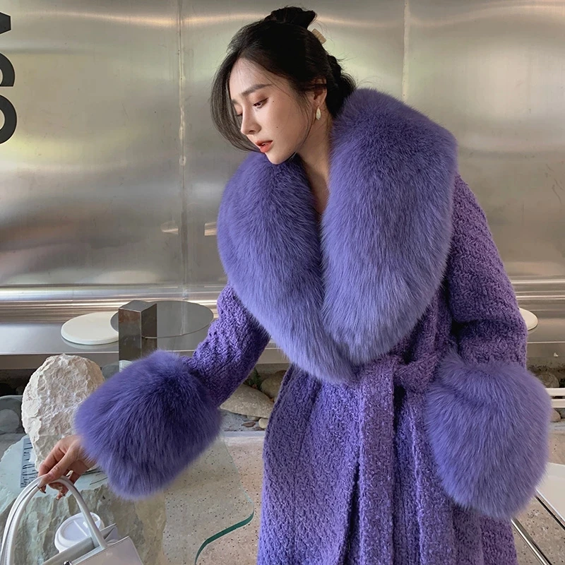 2024 Autumn Winter famous brand Woolen Real fox fur Cuffs Cashmere coats outerwear plus long natural fur coats
