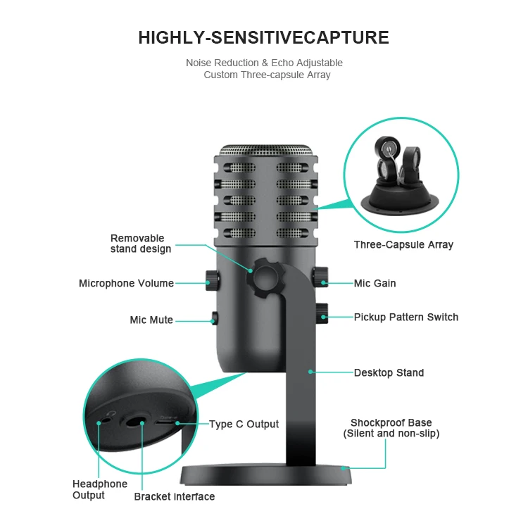 Youtube Microphone Condenser Microphone Professional Webcast Live Studio Recording Singing Broadcast PC Desktop Mic Manufacturer