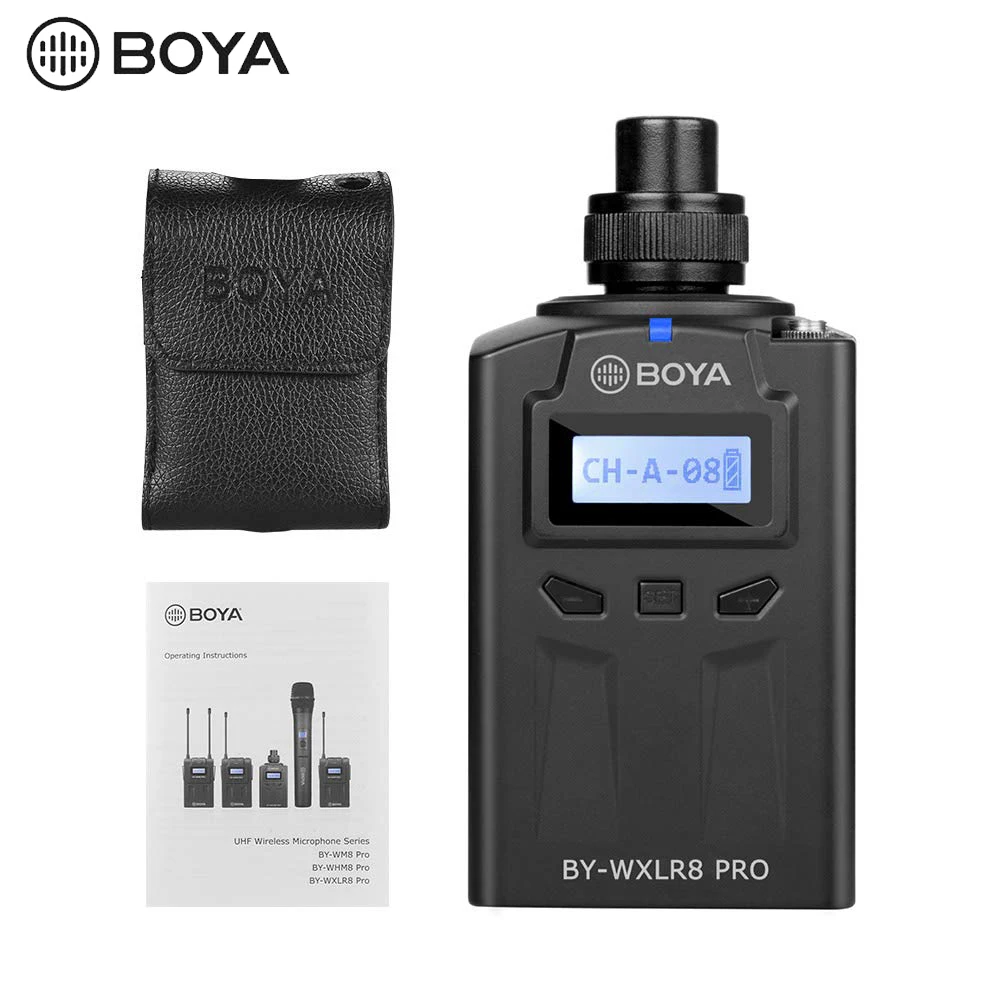 BOYA BY-WXLR8 Pro 48-канальный комплект микрофона включает в себя: передатчик подключаемого модуля на ЖК-дисплее XLR Сделано Китае 3 5 мм линейный вход с BY-WM8 /BY-WM6 приемник