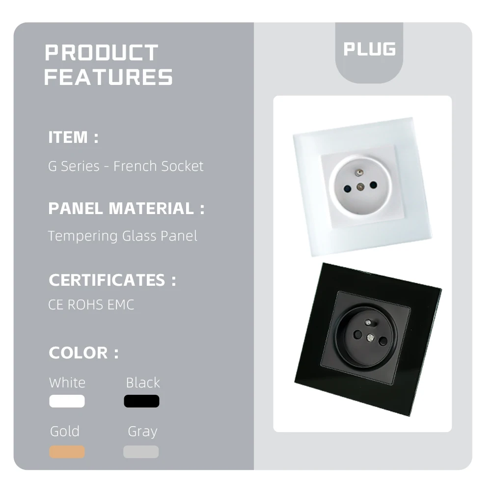 White / Black EU Standard Luxury Tempering Glass Panel 16A Electrical Wall Switch Socket French Socket