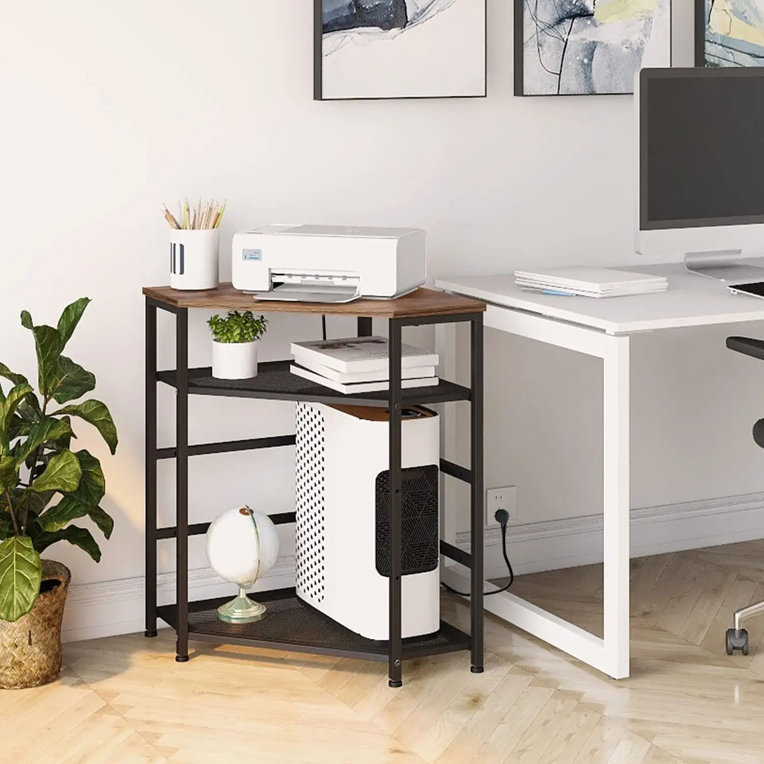 Wooden Floor Computer Print Stand Table Side PC Desk with 3 Tier Storage
