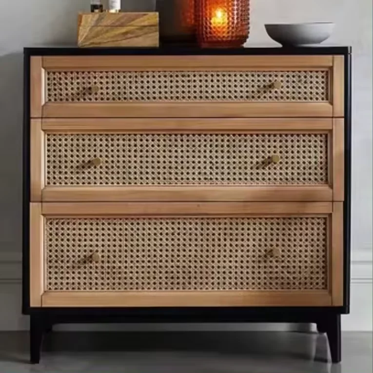 New stock arrival nordic style modern designs natural storage sideboard display wood living room rattan kitchen cabinet