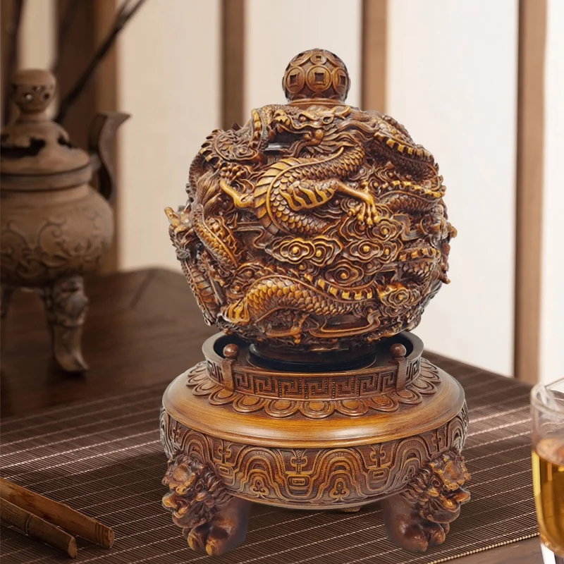 Traditional Chinese Feng shui figurines decorated wood grain color resin dragon ball statue crafts home decoration sculpture