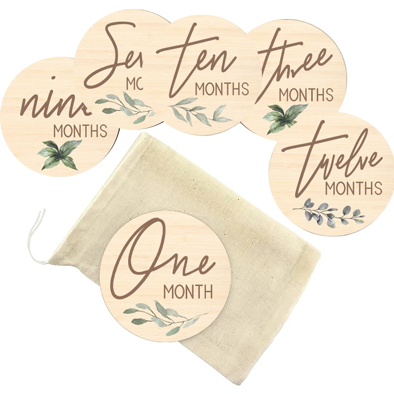 UV Printing Green Leaves New Wooden Discs Baby Newborn Milestone Baby Months Cards Milestone Cards