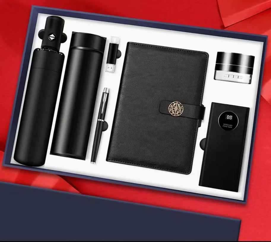high class classical business book gift set with customized logo on USB cup speaker pen battery charger umbrella gift box