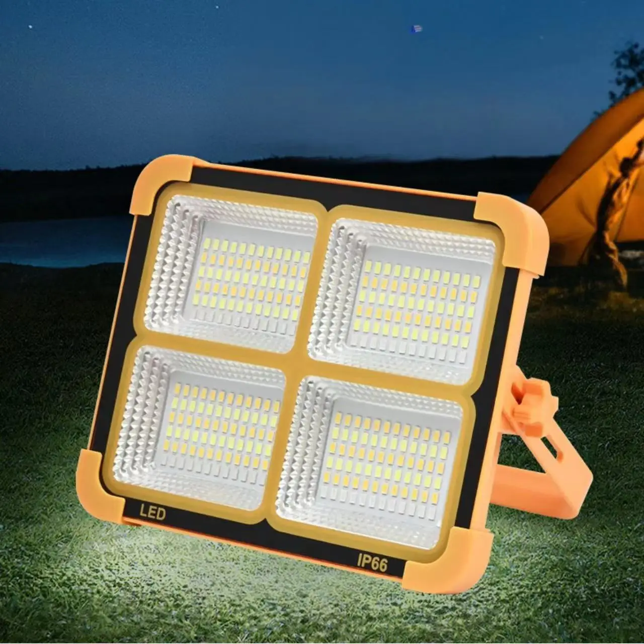 100W LED Portable Solar Work Light, Rechargeable Yellow Flood Light with 4 Lighting Modes