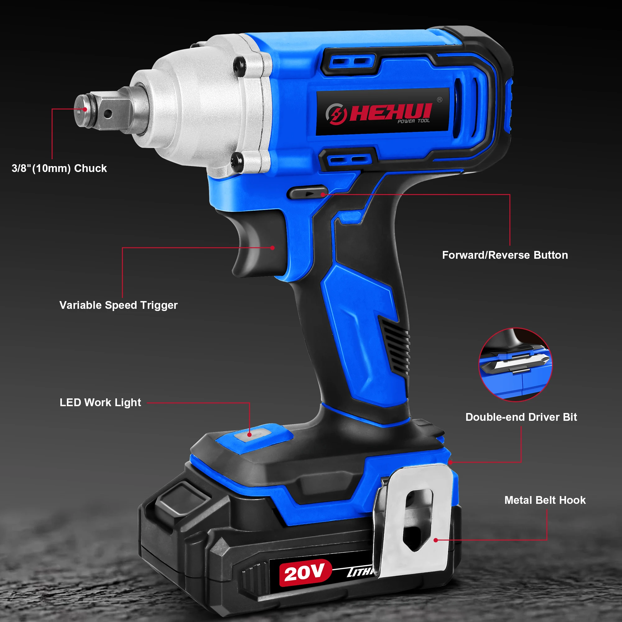 Hehui 20V 3/8 Inch Impact Wrench Brushless Motor Power Professional Battery Cordless Impact Wrench