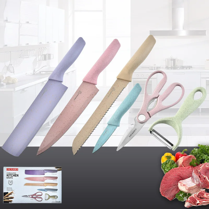 2024 hot sell Kitchen accessories Kitchen knives 6-Pieces Kit Wheat Straw Knife Scissor Peeler Set Knife set