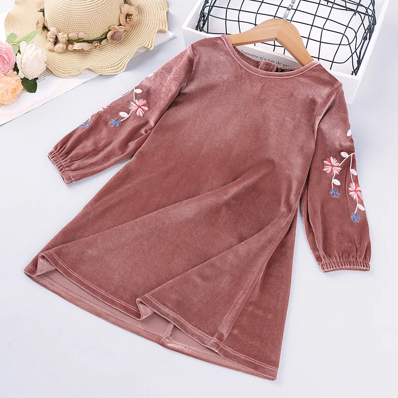 B54182A Children casual dress fashion long sleeve embroidery velvet dress