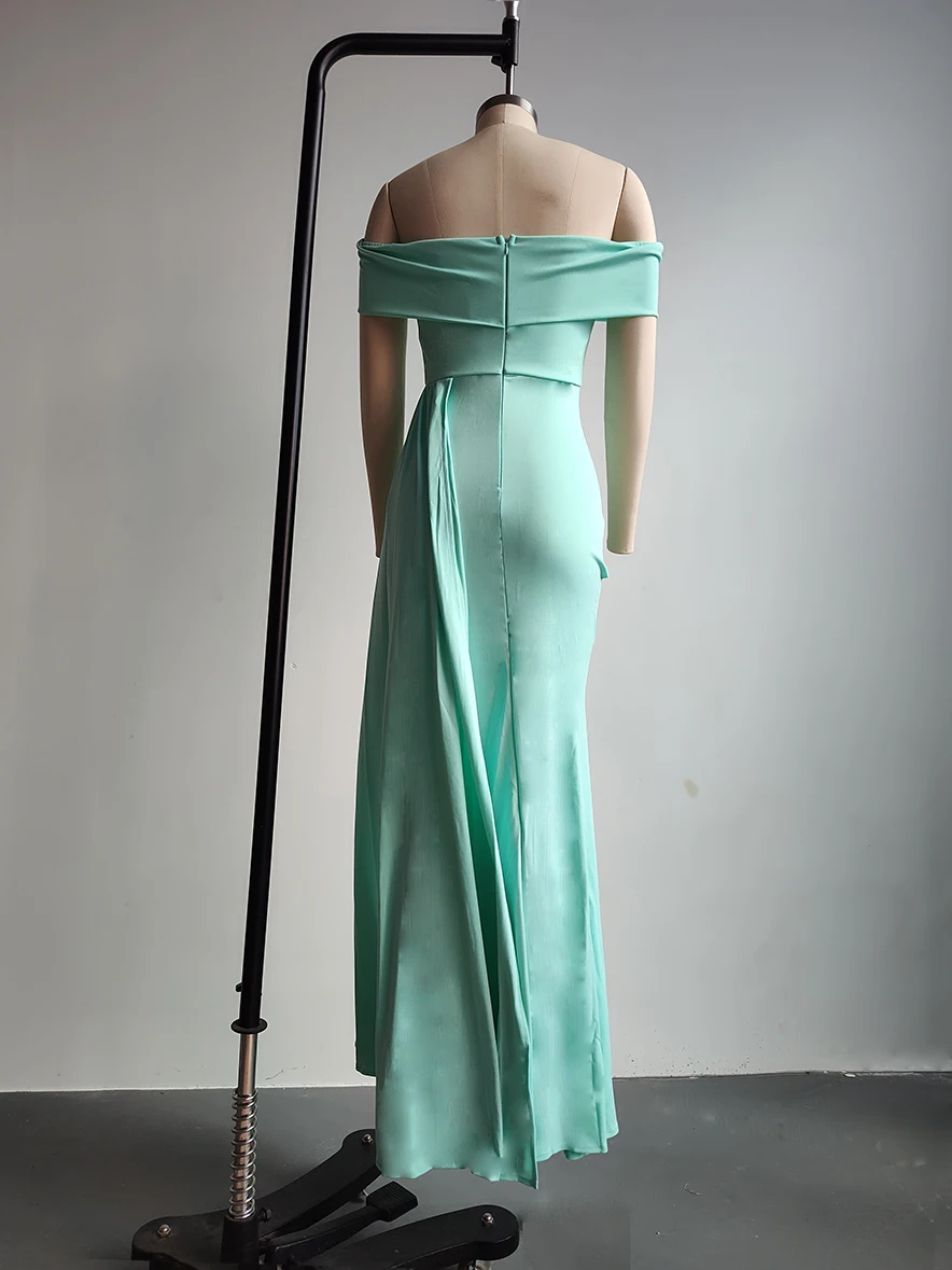 Green Off Shoulder Plicated Party Zip Back Slim Fit Prom 2023 Newest India Style Evening Dresses
