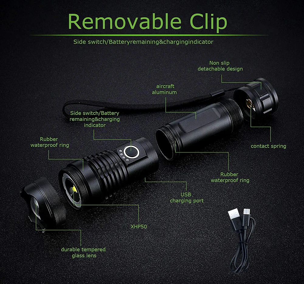 USB Rechargeable Led Flashlight 1000 Lumens XHP 50 Super Bright Tactical Torch Zoomable Waterproof Flashlight for Emergencies