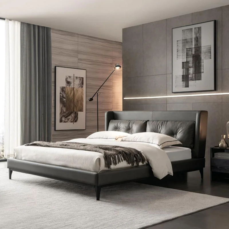 Fashionable luxury style villa bedroom furniture modern sofa bed solid wood frame dark gray comfortable leather bed