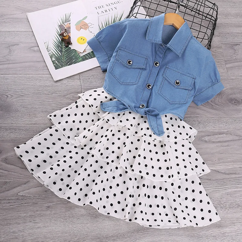 2023 Summer Kids Clothing Denim Jacket Skirt Suits Girls Jeans Wholesale China Children Clothes Baby Girl Lace Dress