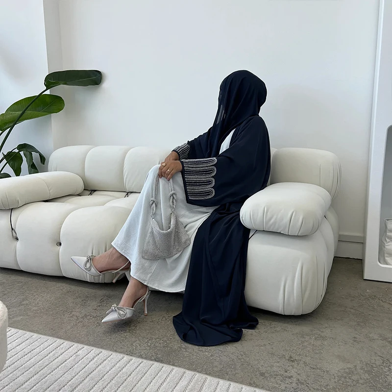 Eid hand stitched beadwork elegant abaya design navy hijab abaya set