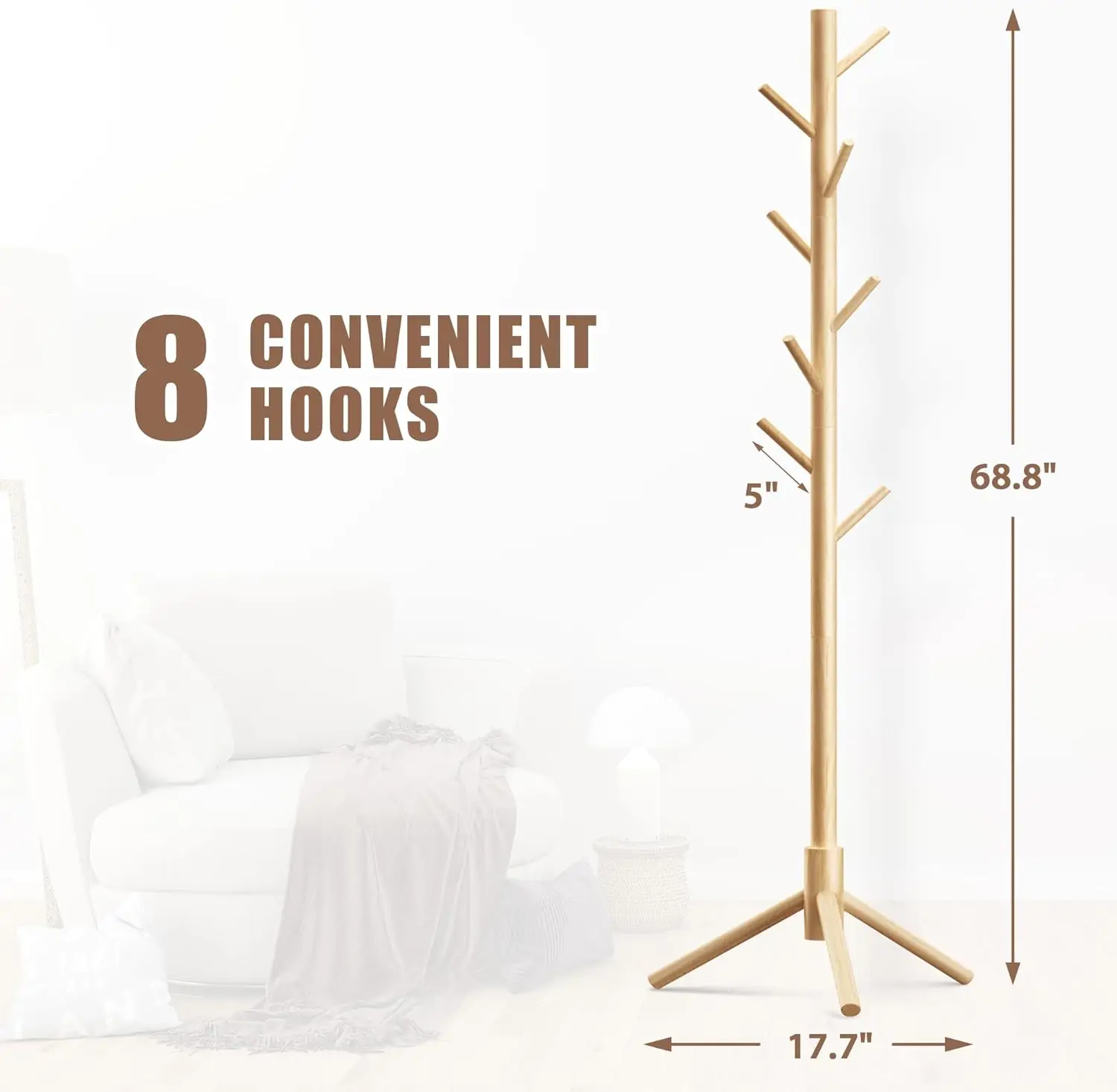 Clothes hanger rack stand with 8 Hooks Adjustable wooden coat rack Tree foldable clothes drying rack