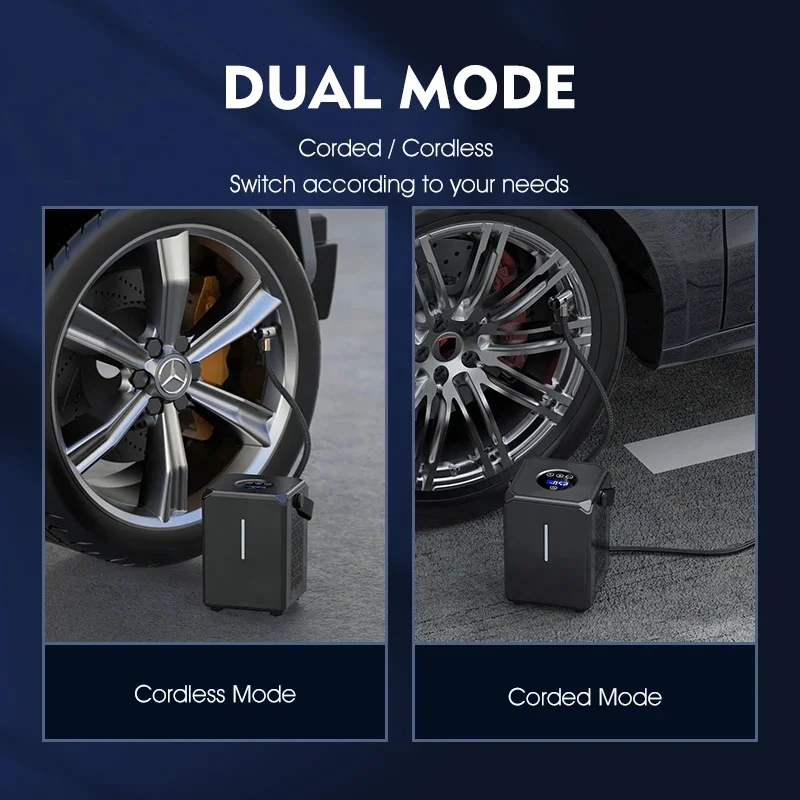 Certified Portable Cube Smart Car Air Compressor Inflator Bike Pump Electric Wireless 6000mAh DC 24V USB with LED Flash Nozzles