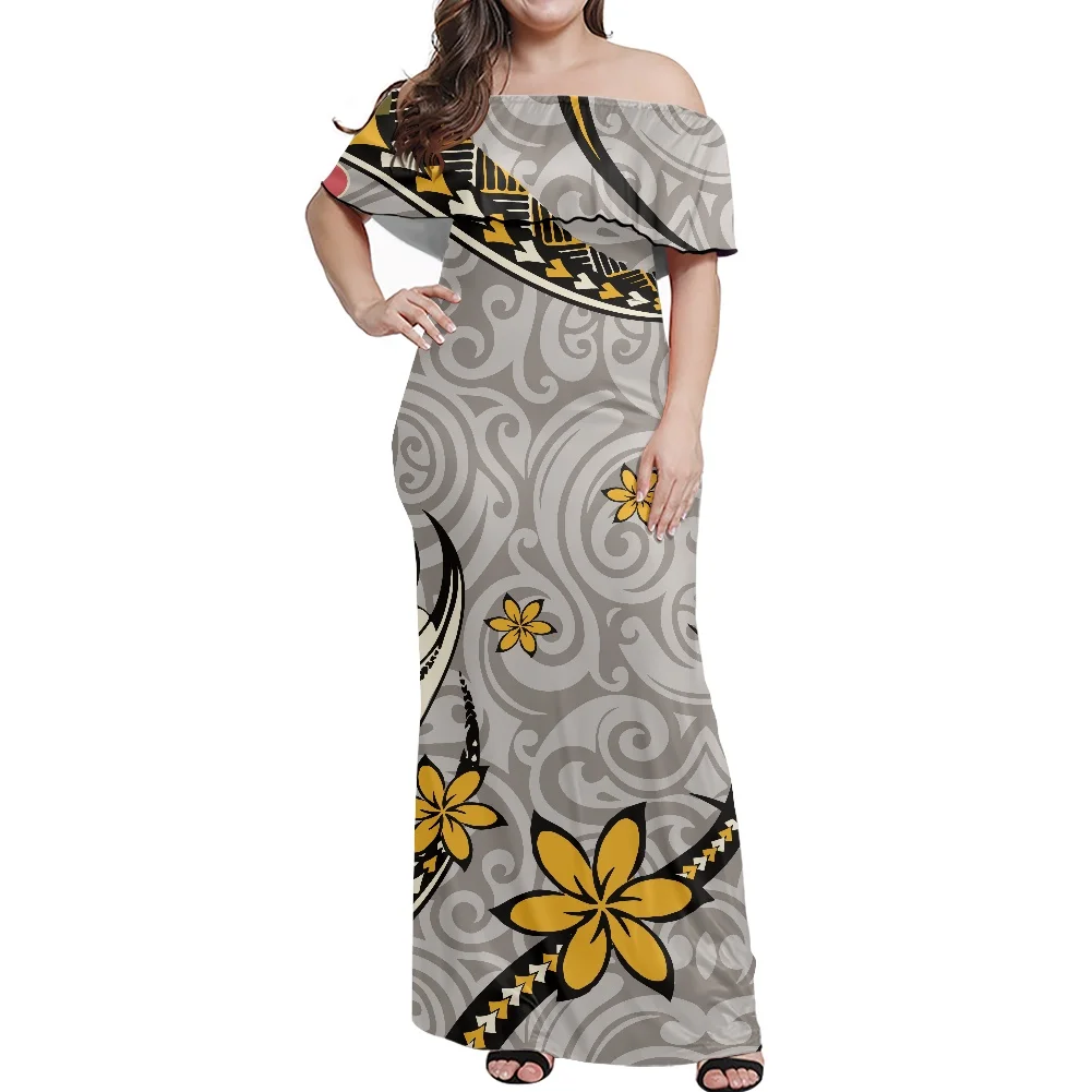 Hawaiian Tribal Tattoo Pattern Off The Shoulder Wedding Dress Short Sleeve Bodycon Evening Dress Party Long Maxi Dress Beach