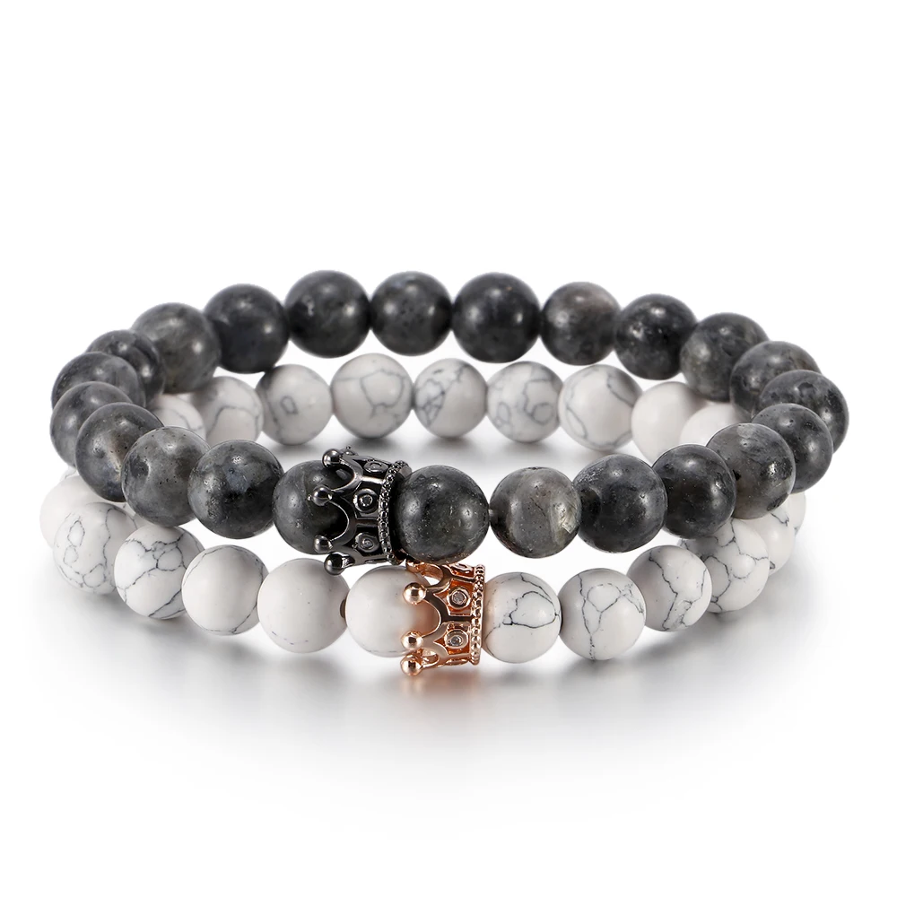 fashion jewelry wholesale  copper crown and natural stone simple couple bracelet leather