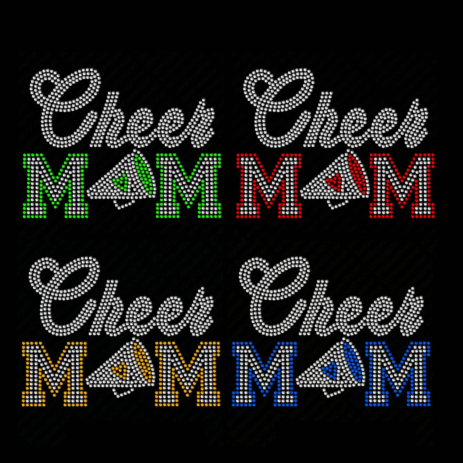 Various Color Cheer Mom Rhinestone Transfer Hot fix MOM with Megaphone Rhinestone Iron On Transfer Design Motif r Ready to Press