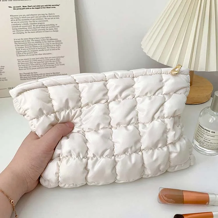 Padded Quilted Puffy Cotton Solid Color High Appearance Level Cream Color Cloud Puff Lipstick Brush Storage Cosmetic Makeup Bag
